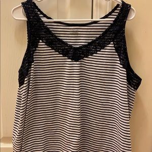 White and navy striped lace tank